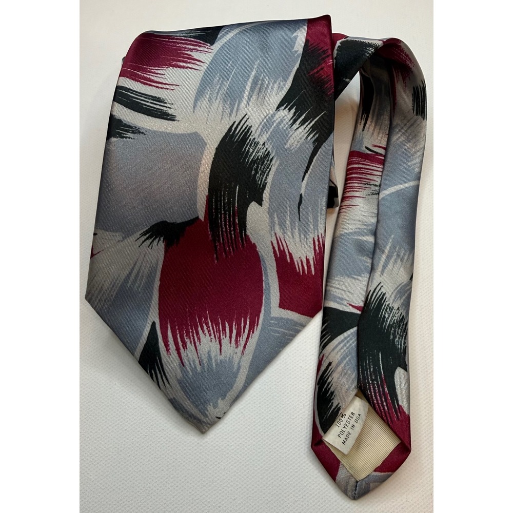 Vintage Campus Esprit Mens Necktie Abstract Brushstroke Burgundy Grey USA